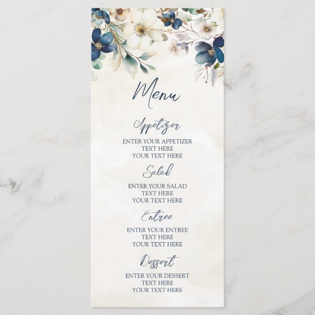 Elegant Blue Floral Winter Wedding Menu (Front)