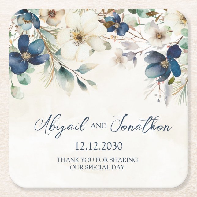 Elegant Blue Floral Winter Wedding Square Paper Coaster (Front)