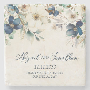 Elegant Blue Floral Winter Wedding Stone Coaster