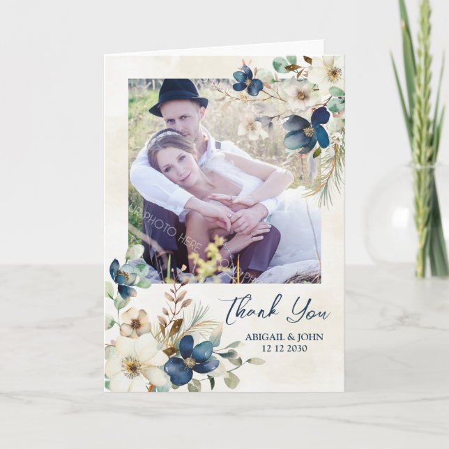 Elegant Blue Floral Winter Wedding Thank You Photo Card (Front)