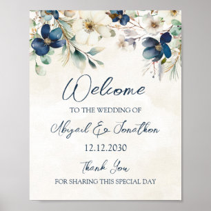 Elegant Blue Floral Winter Wedding Welcome Poster