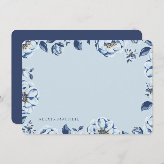 Elegant Blue Floral Womens Personalised Stationary Card (Front/Back)