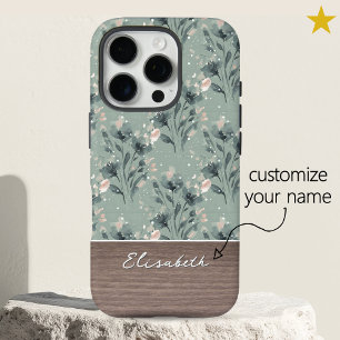 Elegant Blue Floral Wood Grain Custom Name  iPhone 16 Pro Case