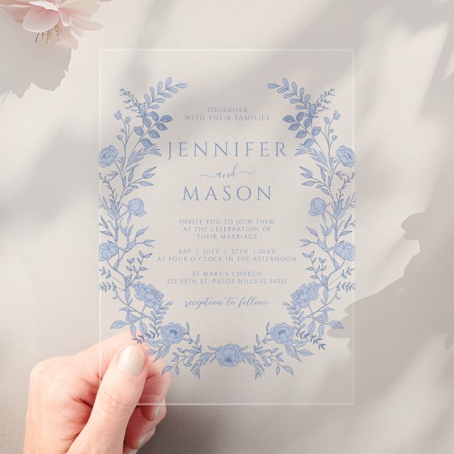Elegant Blue Floral Wreath Bohemian Wedding Acrylic Invitations (Creator Uploaded)