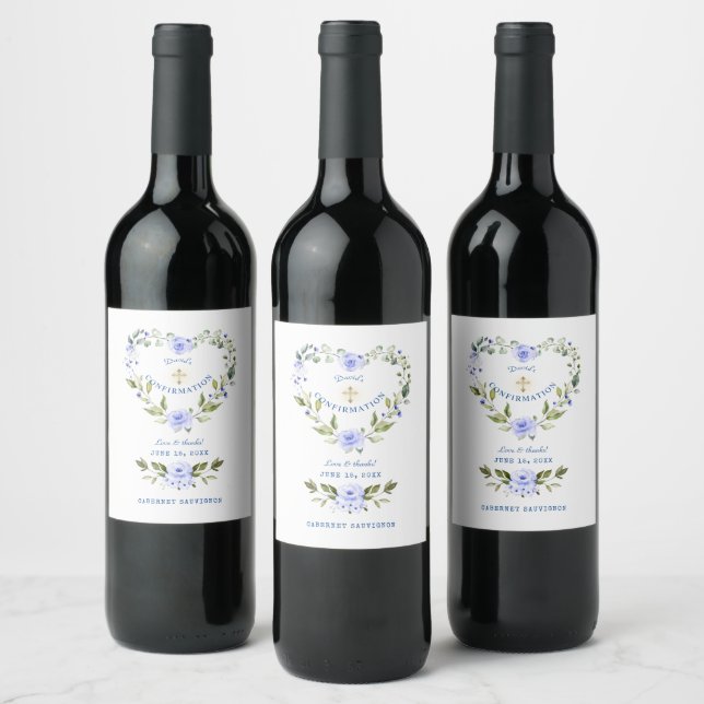 Elegant Blue Floral Wreath Boy Confirmation Wine Label (Bottles)