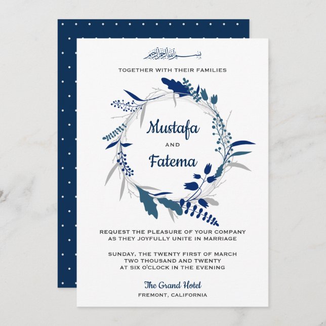 Elegant Blue Floral Wreath Islamic Wedding Invitation (Front/Back)