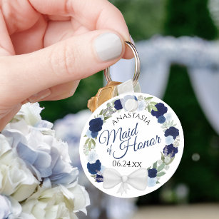 Elegant Blue Floral Wreath Maid of Honour Wedding Key Ring