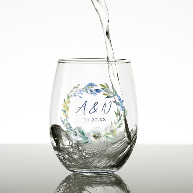 Elegant Blue Floral Wreath Monogram Wedding Stemless Wine Glass (Creator Uploaded)