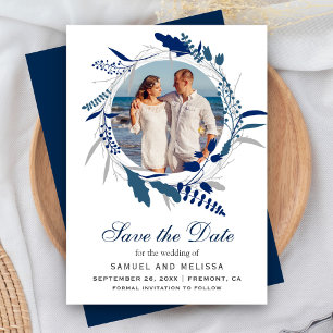 Elegant Blue Floral Wreath Photo Save the Date