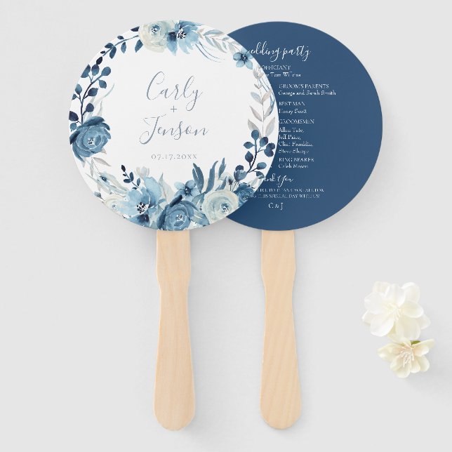Elegant Blue Floral Wreath Wedding Hand Fans (Front and Back)