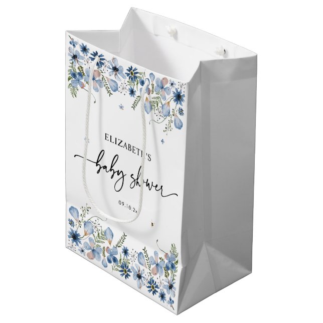 Elegant Blue Florals Baby Shower Medium Gift Bag (Front Angled)
