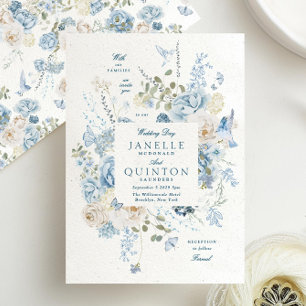 Elegant Blue Florals Faux Handmade Paper Wedding Invitation