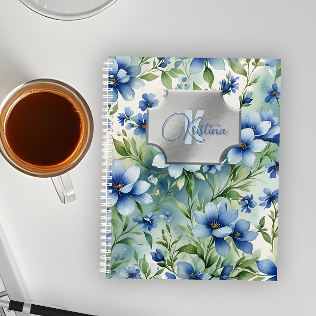 Elegant Blue Florals with Silver Monogram Frame Planner (Creator Uploaded)