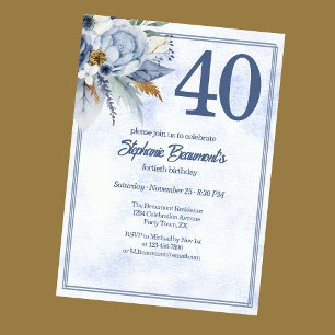 Elegant Blue Florals Women's 40th Birthday Party Invitation