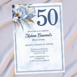 Elegant Blue Florals Women's 50th Birthday Party Invitation