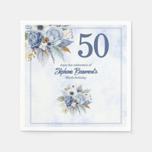 Elegant Blue Florals Women's 50th Birthday Party Napkin