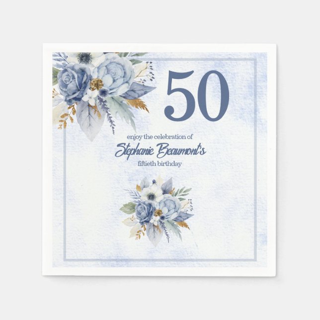 Elegant Blue Florals Women's 50th Birthday Party Napkin (Front)