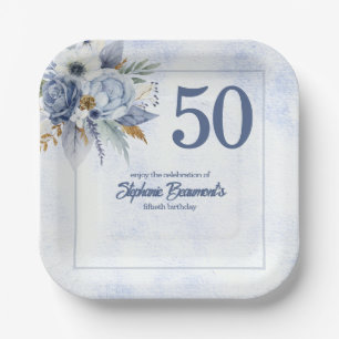 Elegant Blue Florals Women's 50th Birthday Party Paper Plate