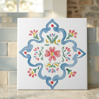 Elegant Blue Flourish Folk Floral Decorative Ceramic Tile