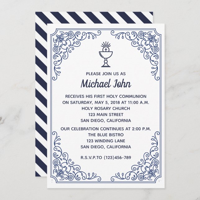 Elegant Blue flourish swirl boy First Communion Invitation (Front/Back)