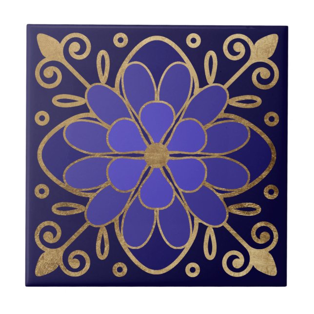 Elegant Blue Flower Azulejo Ceramic Tile (Front)