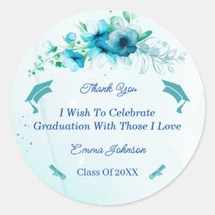 Elegant Blue Flower Graduation Customised Classic Round Sticker