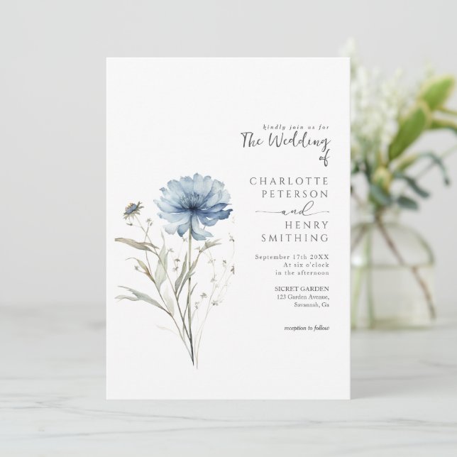 Elegant Blue Flower Modern QR Code Wedding  Invitation (Standing Front)