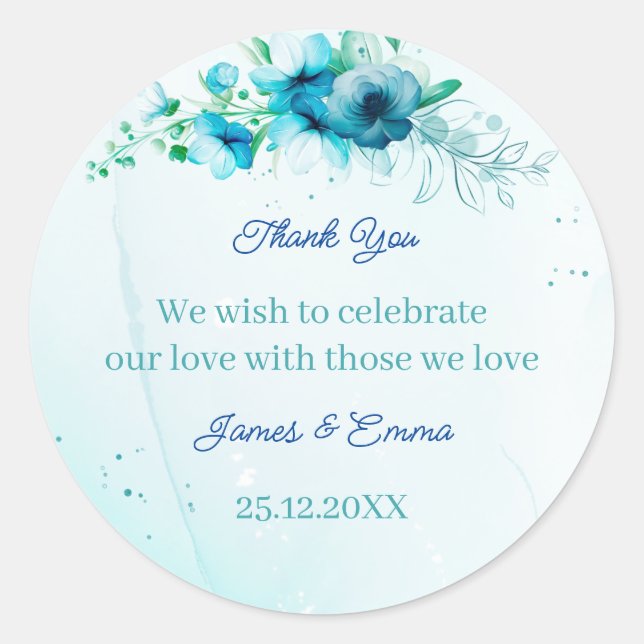 Elegant Blue Flower Personalised Wedding Classic Round Sticker (Front)