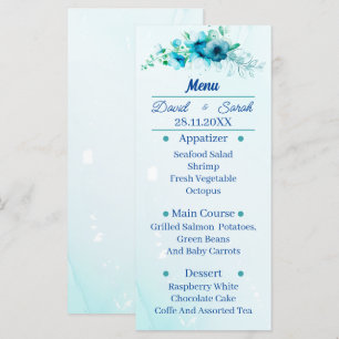 Elegant Blue Flower Personalised Wedding Dinner Menu