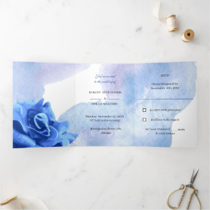 Elegant Blue Flower Personalised Wedding Tri-Fold Invitation