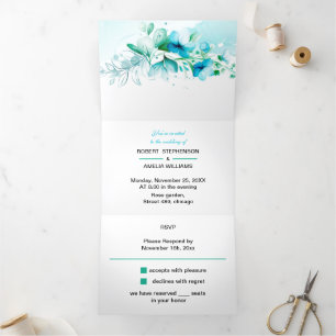 Elegant Blue Flower Personalised Wedding Tri-Fold Invitation