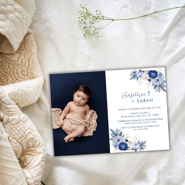 Elegant Blue Flower  Photo Cross Baptism Invitation (Elegant Blue Flower Photo Cross Baptism Invitation)
