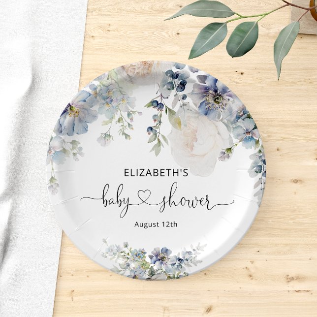 Elegant Blue Flowers Baby Shower Paper Plate (Creator Uploaded)