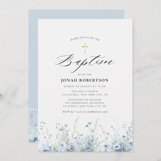 Elegant blue flowers baptism invitation (Front/Back)