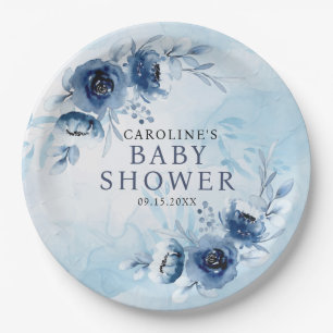 Elegant Blue Flowers Boy Baby Shower Paper Plate