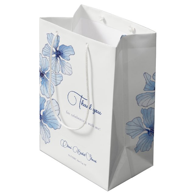Elegant Blue Flowers Bridal Shower Medium Gift Bag (Back Angled)
