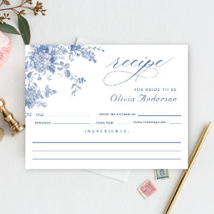 Elegant Blue Flowers Bridal Shower Recipe Card