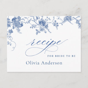 Elegant Blue Flowers Bridal Shower Recipe Card