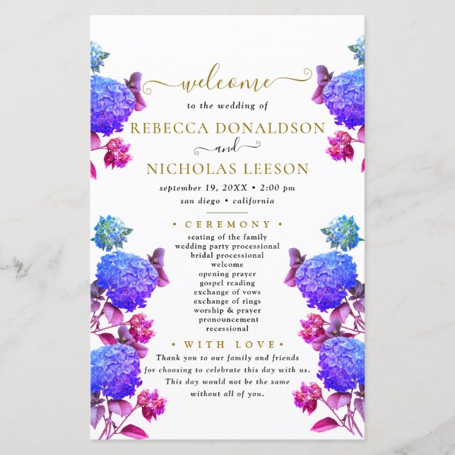 Elegant Blue Flowers Calligraphy Wedding Program (Front)