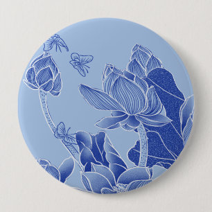 Elegant Blue Flowers Chinoiserie Lotus Mandala 10 Cm Round Badge