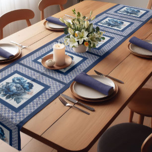 Elegant Blue flowers chinoiserie toile monogram Short Table Runner
