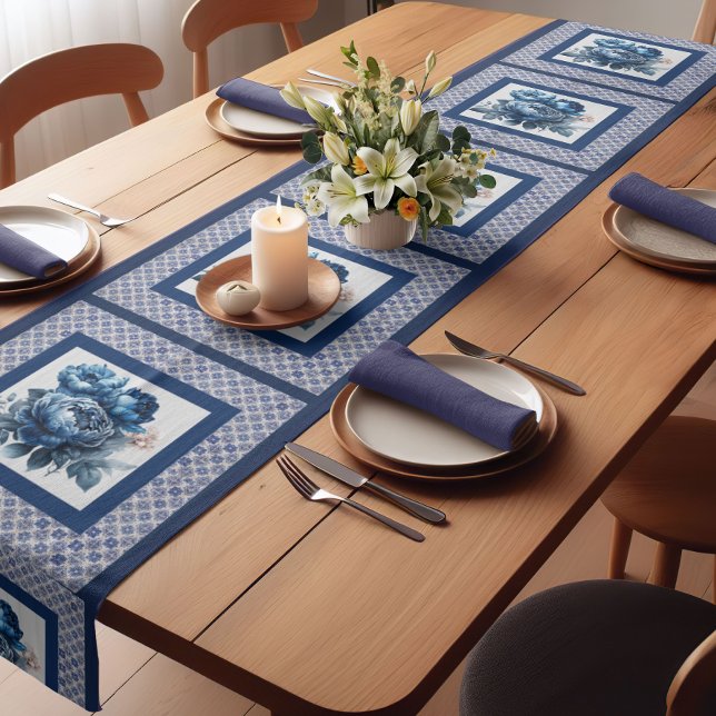 Elegant Blue flowers chinoiserie toile monogram Short Table Runner (Creator Uploaded)