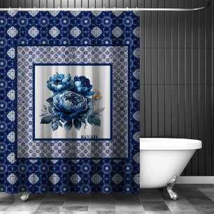 Elegant Blue flowers chinoiserie toile monogram Shower Curtain