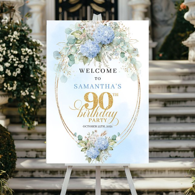 Elegant Blue Flowers Gold 90th birthday welcome Poster (Elegant Blue Flowers Gold 90th birthday welcome)