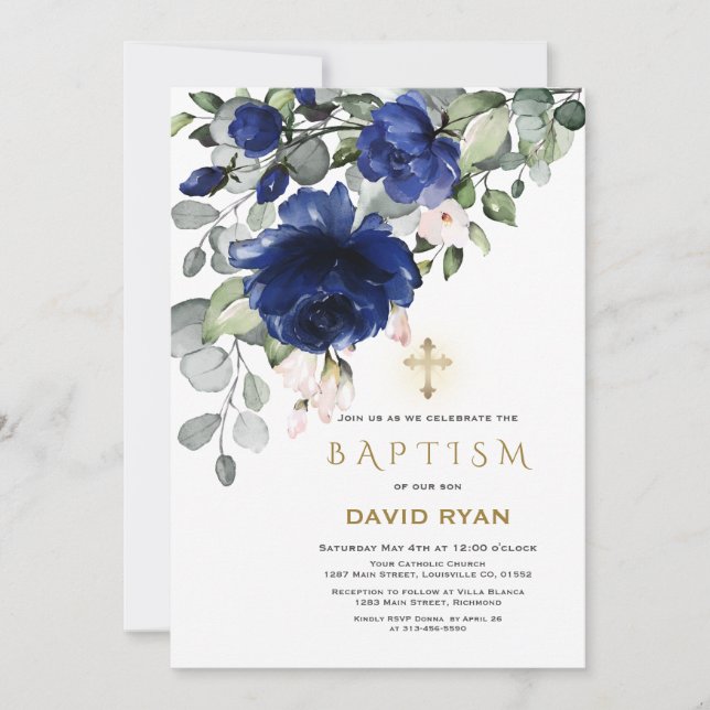 Elegant Blue Flowers Gold Cross Boy Baptism Invitation (Front)