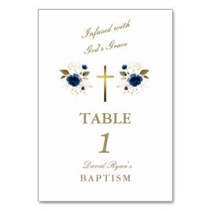 Elegant Blue Flowers Gold Cross Boy Baptism  Table Number
