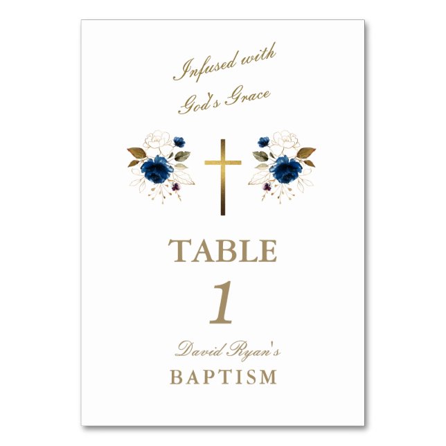 Elegant Blue Flowers Gold Cross Boy Baptism  Table Number (Front)