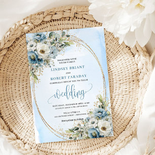 Elegant Blue Flowers Gold Glitter Wedding Invite