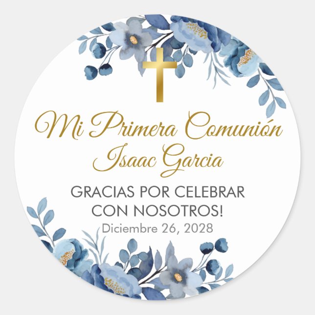 Elegant Blue Flowers in Spanish First Communion  Classic Round Sticker (Front)