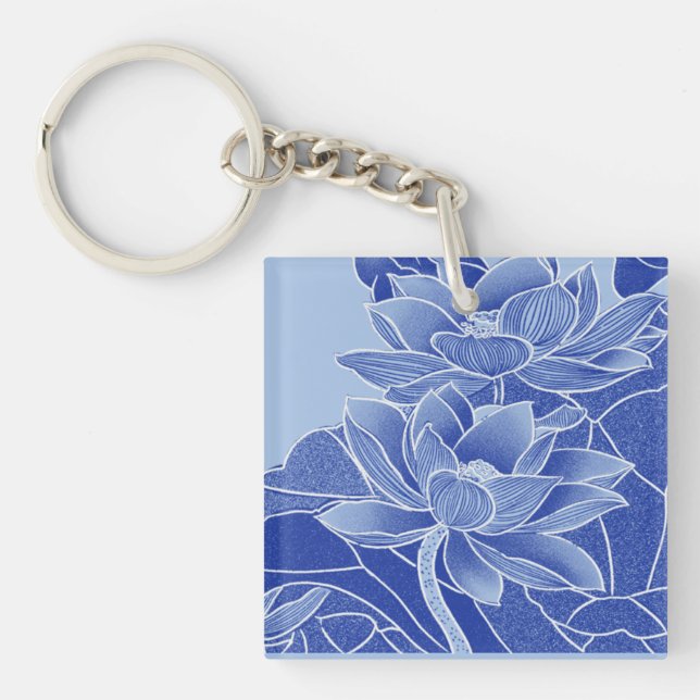 Elegant Blue Flowers Lotus Lily Chinoiserie Chic Key Ring (Front)